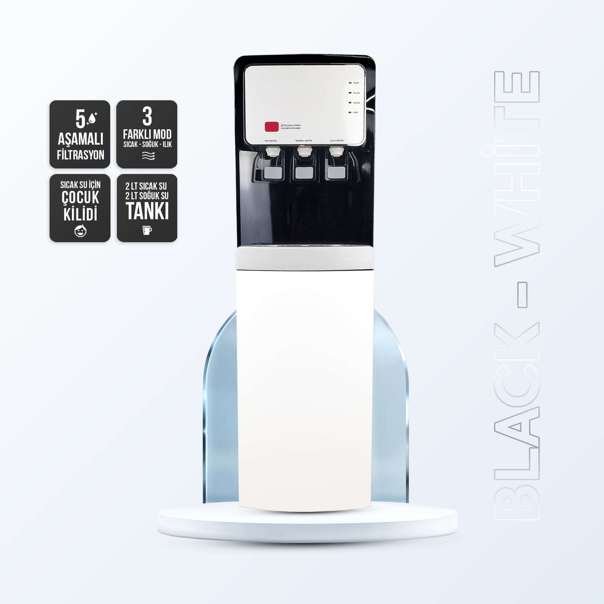 Tam Boy Arıtmalı Sıcak Soğuk Ilık Su Sebili - Beyaz Siyah