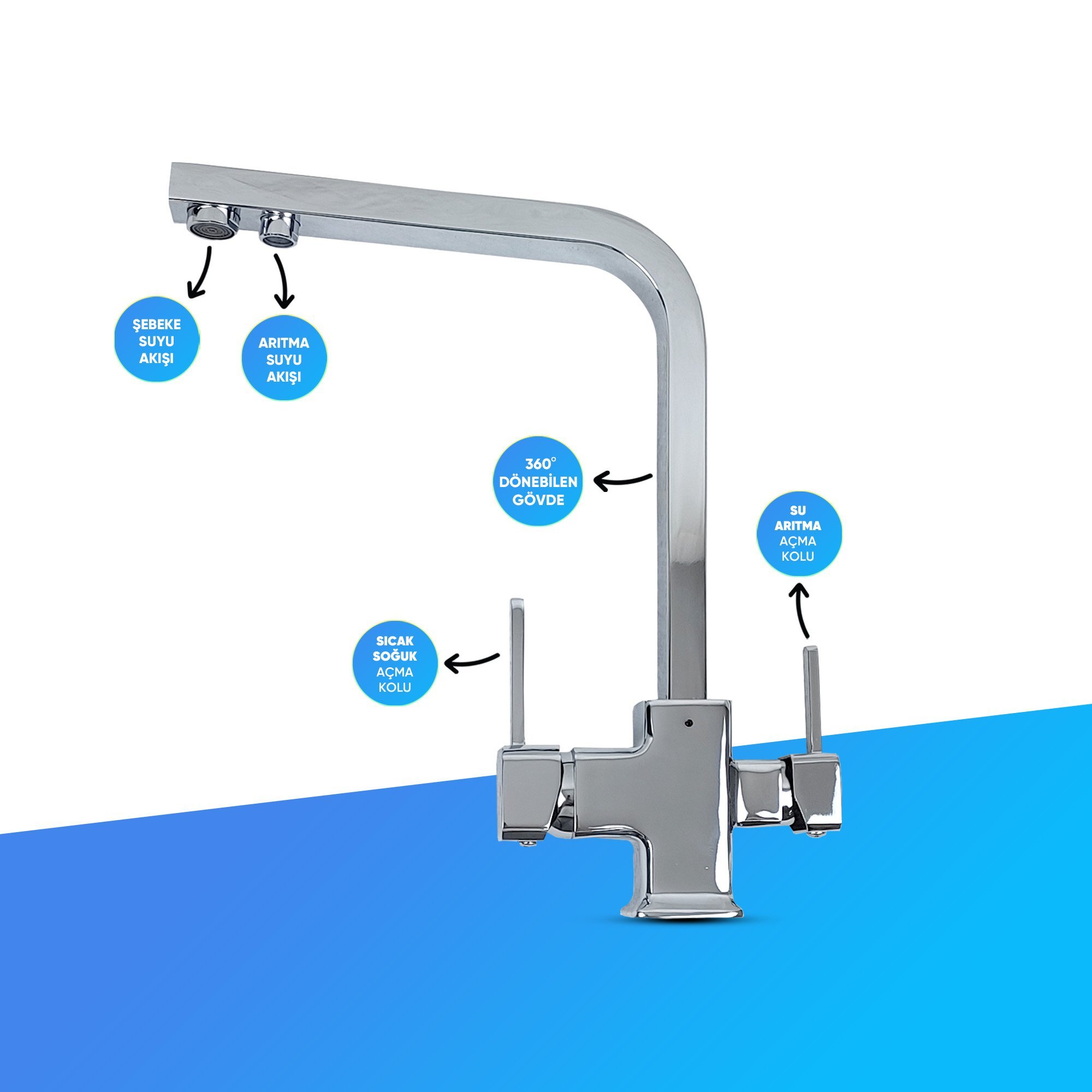 Su Arıtma Cihazı İçin 3 Yollu Kare Krom Musluk