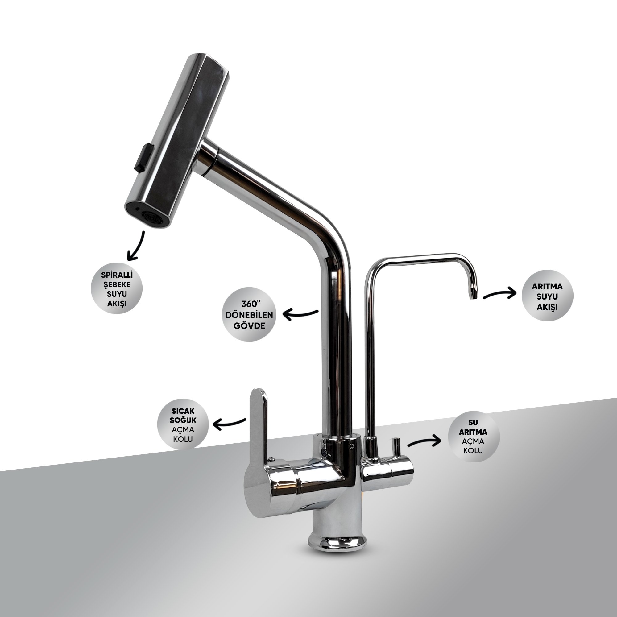 Su Arıtma Cihazı İçin 3 Yollu Spiralli Krom Musluk