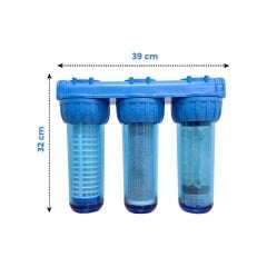 10 İnç Üçlü Dolu Tesisat Housing - Bina Girişi Filtrasyon Sistemi (Filtreler Dahil)