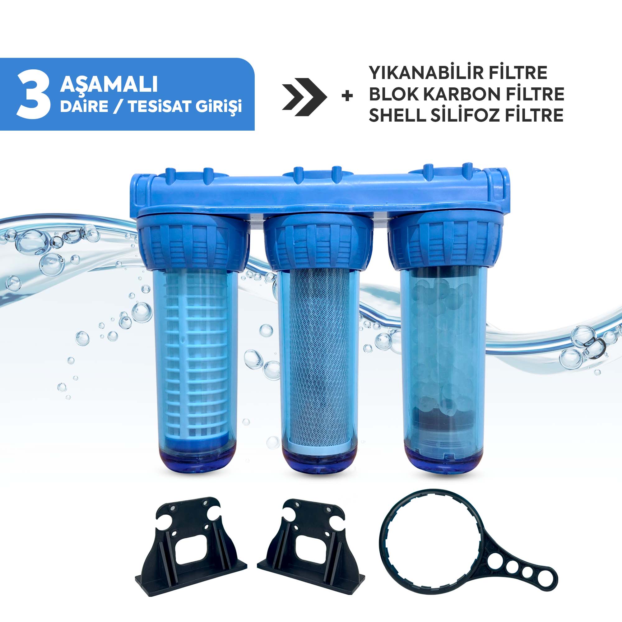 10 İnç Üçlü Dolu Tesisat Housing - Bina Girişi Filtrasyon Sistemi (Filtreler Dahil)