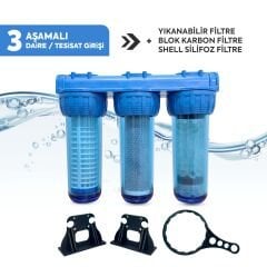 10 İnç Üçlü Dolu Tesisat Housing - Bina Girişi Filtrasyon Sistemi (Filtreler Dahil)